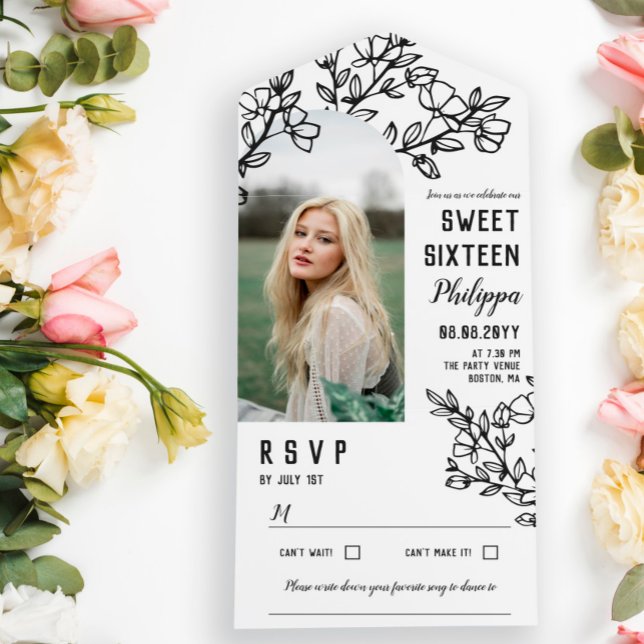 Invitation Tout En Un Branches en floraison noire Sweet sixteen photo (Créateur téléchargé)