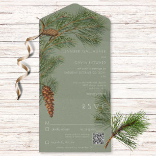 Invitation Tout En Un Branches vintages de pin rustique Code QR vert