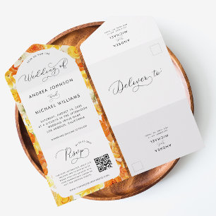 Invitation Tout En Un Bright Jellow Orange Summer Floral QR Code Mariage