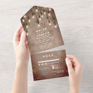 Invitation Tout En Un Briques rustiques Vintage Lightbulbs Mariage RSVP