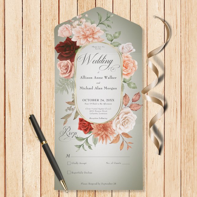 Invitation Tout En Un Broche Rustique Boho Rust Peach Floral Oval Sage N (Also available with a QR code or with dinner selection options.)