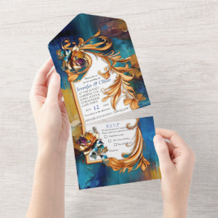 Invitation Tout En Un bronze Abstrait, style baroque bleu or