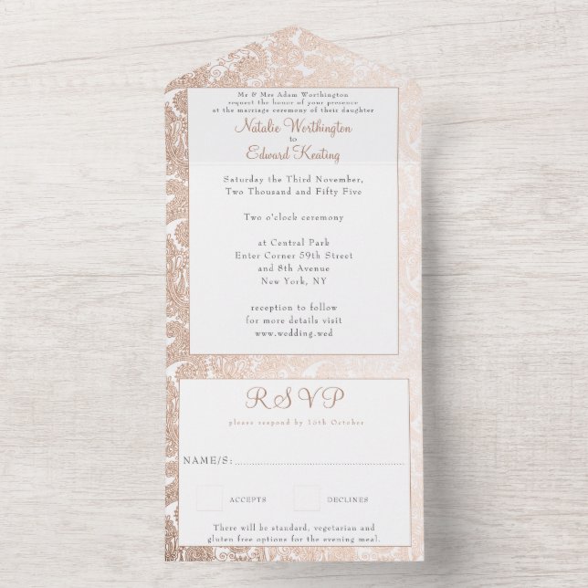Invitation Tout En Un Bronze Gold Filigree Paisley Henna Wedding RSVP (À l'intérieur)