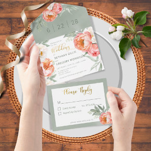 Invitation Tout En Un Brosse Rustique et Peonées Blanches Pas de dîner