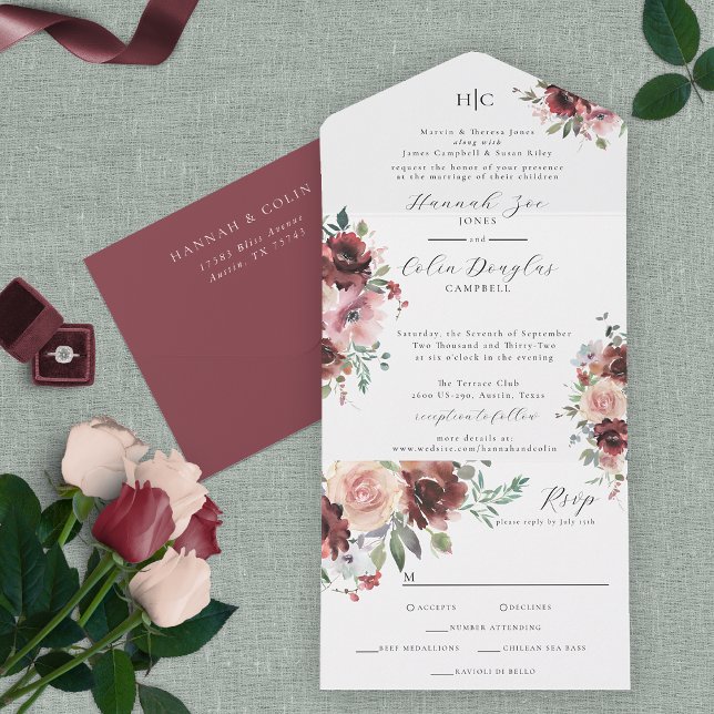 Invitation Tout En Un Brousse classique Bourgogne Rose & Peony (Créateur téléchargé)