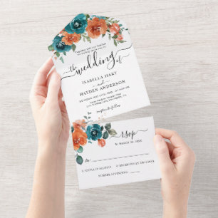 Invitation Tout En Un Brûlé Orange Turquoise rouille Floral Rustique Mar