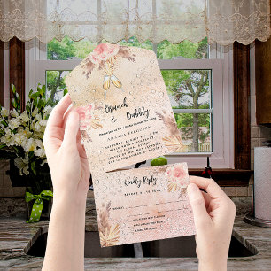 Invitation Tout En Un Brunch Fête des mariées pampas herbe rose or RSVP
