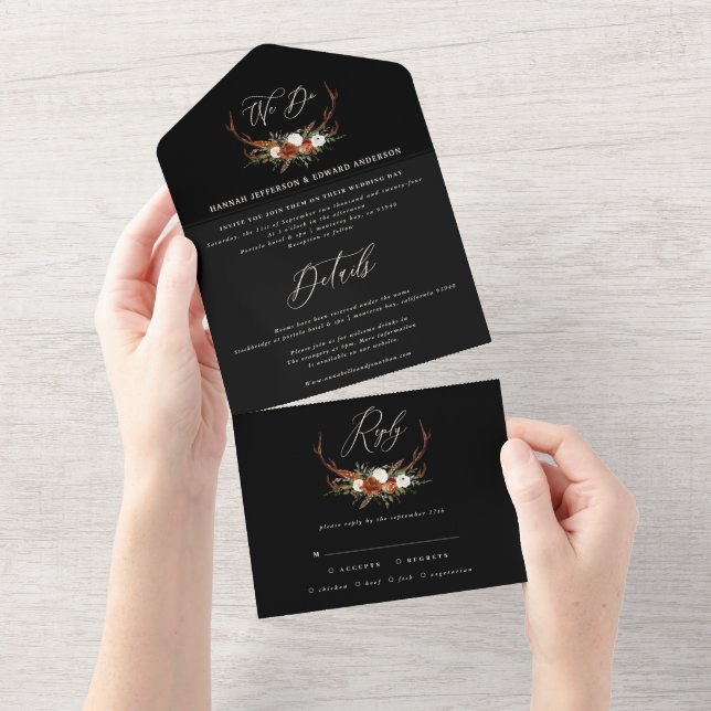 Invitation Tout En Un Budget cerf noir botanique rustique élégant (Déchirure)