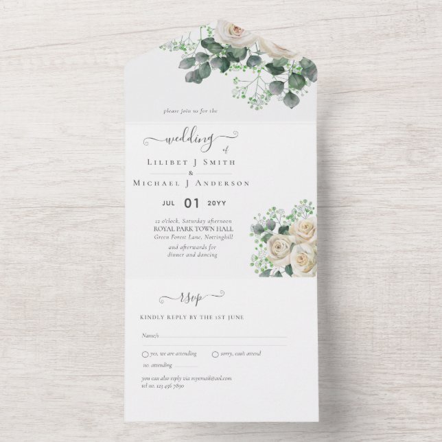 Invitation Tout En Un Budget Mariage Feuille de White Roses Sage Eucalyp (À l'intérieur)