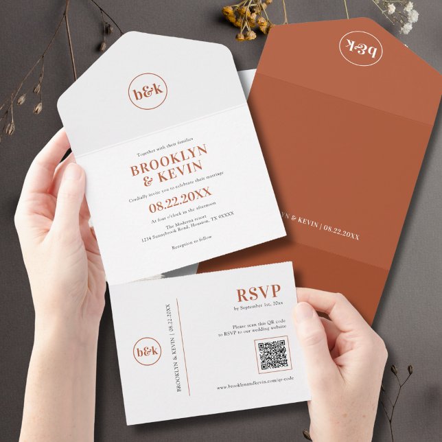 Invitation Tout En Un Budget Minimal Terracotta Rust QR Code + RSVP (Minimalist Budget Terracotta Rust QR Code + RSVP All In One Invitation)