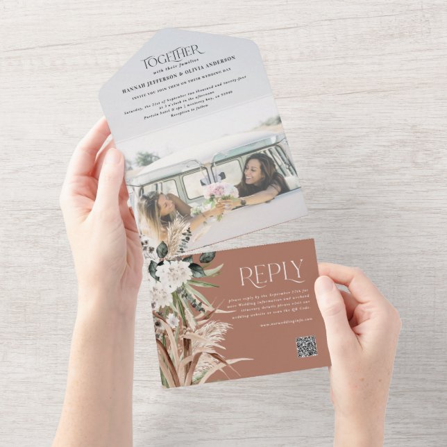 Invitation Tout En Un Budget photo pampas eucalyptus mariage code QR Tou (Déchirure)