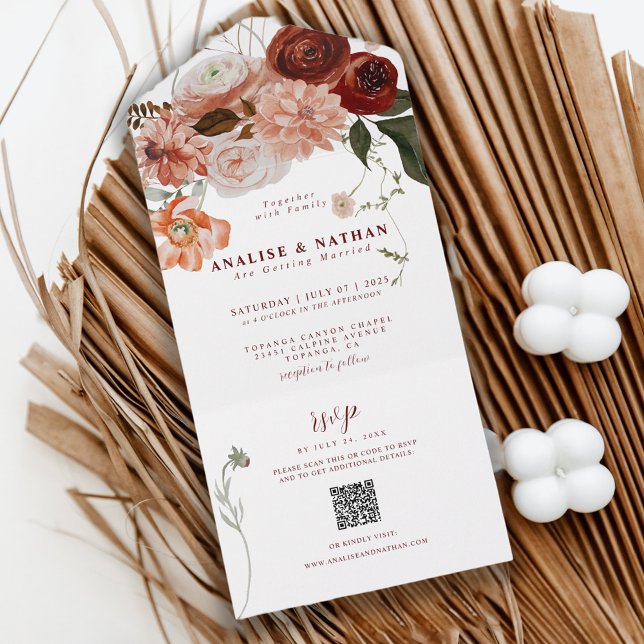 Invitation Tout En Un Burgundy Boho Floral Mariage QR Code (Créateur téléchargé)