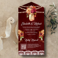 Burgundy Fall Dahlia Mason Jar QR Code Mariage