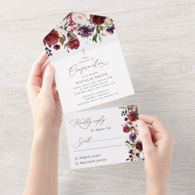 Invitation Tout En Un Burgundy Flowers, Pink Flowers, Boho, Confirmation (Déchirure)