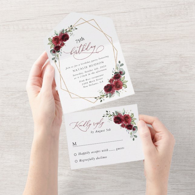 Invitation Tout En Un Burgundy Flowers, Red Flowers, Boho, Birthday (Déchirure)