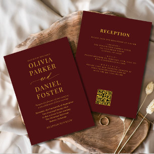 Invitation Tout en un Burgundy Gold QR Code Mariage