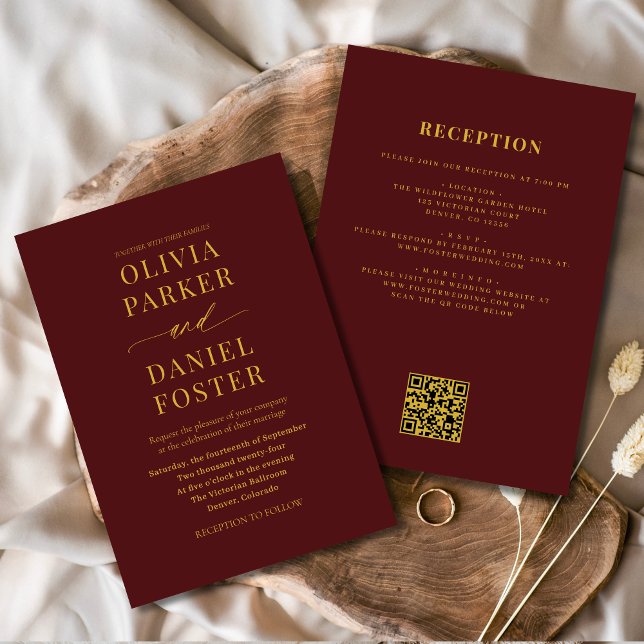 Invitation Tout en un Burgundy Gold QR Code Mariage (Créateur téléchargé)