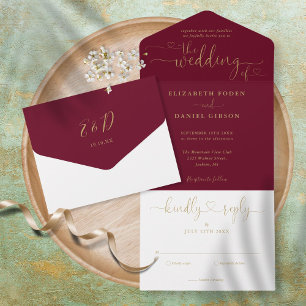 Invitation Tout En Un Burgundy Gold Script Hearts minimaliste Mariage