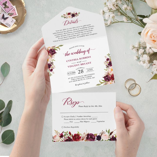 Invitation Tout En Un Burgundy Marsala Floral Détails du Mariage RSVP (Créateur téléchargé)