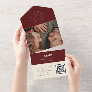 Invitation Tout En Un Burgundy Minimaliste Mariage photo QR Code RSVP