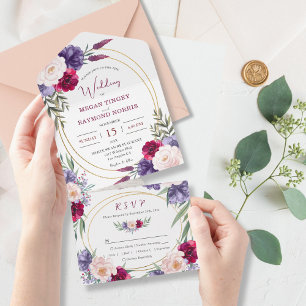 Invitation Tout En Un Burgundy Navy Blue Floral Gold Mariage géométrique