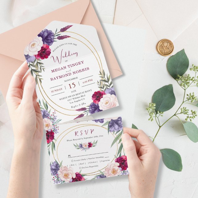 Invitation Tout En Un Burgundy Navy Blue Floral Gold Mariage géométrique (Créateur téléchargé)