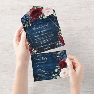 Invitation Tout En Un Burgundy Navy Blue Gold Blush Mariage campagnard r