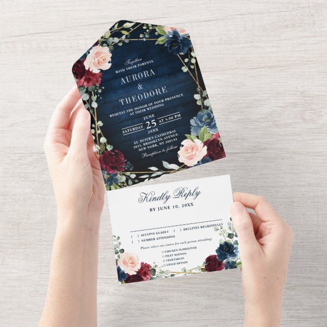 Invitation Tout En Un Burgundy Navy Blush Floral Gold Mariage géométriqu (Déchirure)