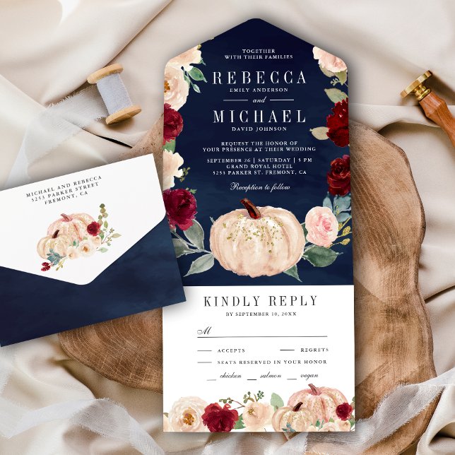 Invitation Tout En Un Burgundy Pêcher Floral Citrouille Marine Mariage b (Créateur téléchargé)