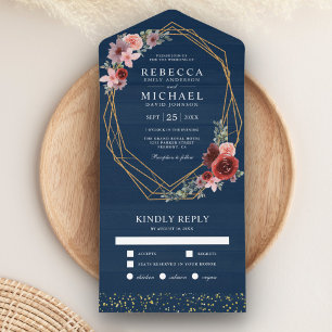 Invitation Tout En Un Burgundy Rouge Blush Rose Floral Mariage bleu mari