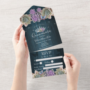 Invitation Tout En Un Cactus et papillon Élégant Quinceanera bois