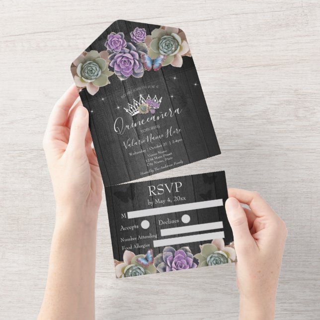 Invitation Tout En Un Cactus et papillon Elégant Quinceanera Grey (Déchirure)