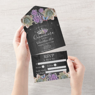Invitation Tout En Un Cactus et papillon Elégant Quinceanera Grey