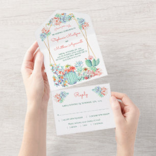 Invitation Tout En Un Cactus Mariage de corail géométrique Succulent