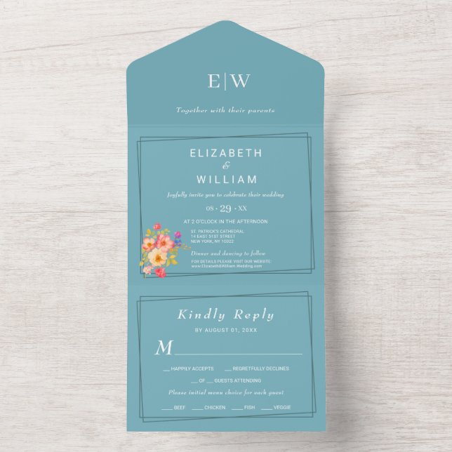 Invitation Tout En Un Cadre avec Rose, style Mariage sur bleu (À l'intérieur)