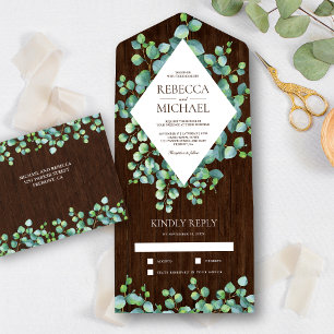 Invitation Tout En Un Cadre de diamant Feuilles d'eucalyptus Bois de gra