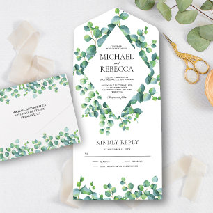 Invitation Tout En Un Cadre de diamant moderne feuilles d'eucalyptus mar
