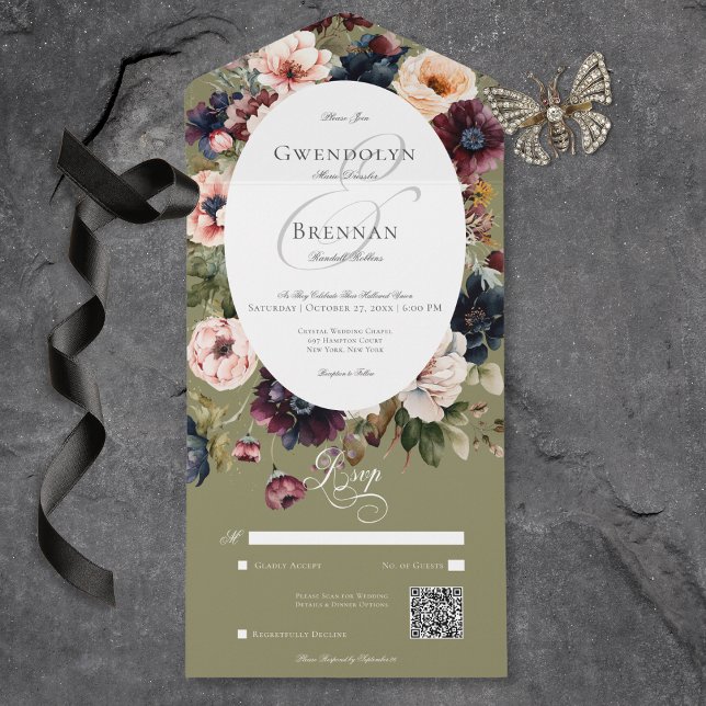 Invitation Tout En Un Cadre floral ovale foncé Moody vert (Dark Moody Green Oval Floral Frame QR Code All In One Invitation)