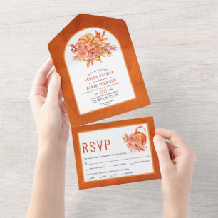 Invitation Tout En Un Cadre orange brûlé, fleurs, mariage de automne cit