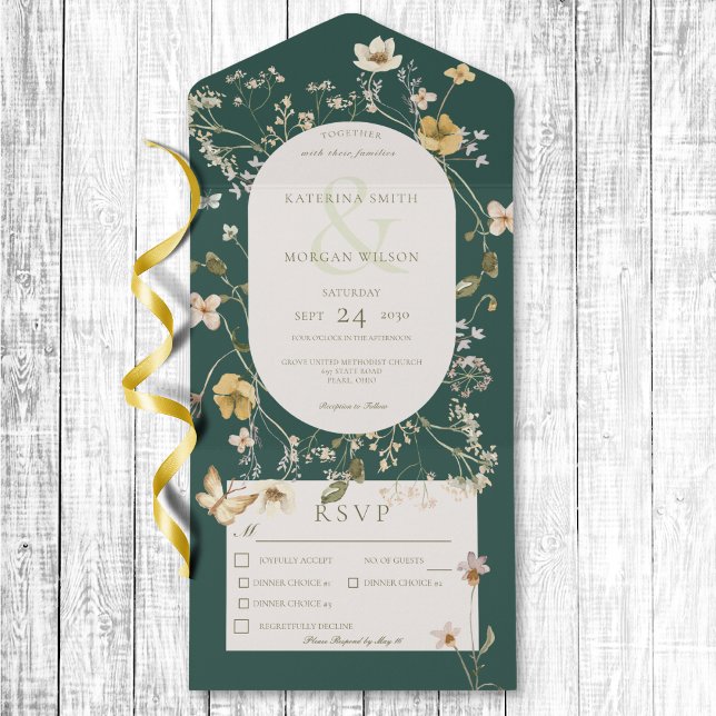 Invitation Tout En Un Cadre Rustique Fleur sauvage Emerald Green Trois D (Rustic Wildflower Frame Emerald Green Three Dinner All In One Invitation)