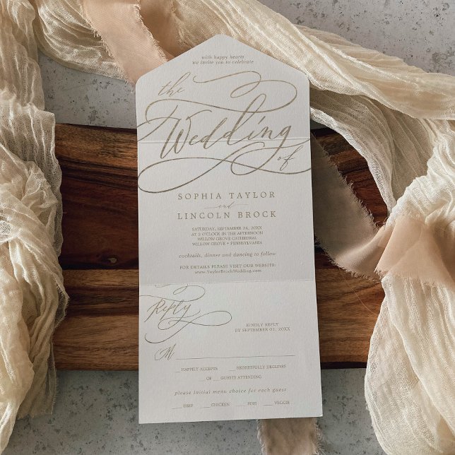 Invitation Tout En Un Calligraphie d'or romantique | Ivory Le Mariage De (Créateur téléchargé)