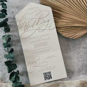 Invitation Tout En Un Calligraphie d'or romantique   Mariage de code QR 