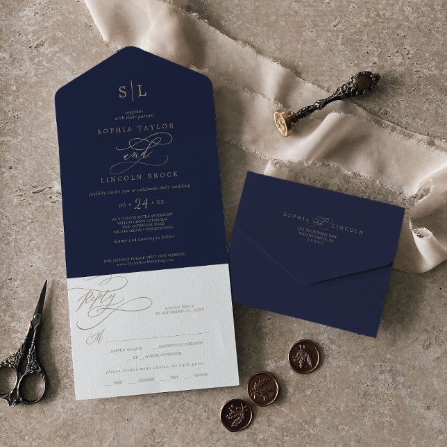 Invitation Tout En Un Calligraphie d'or romantique | Mariage de monogram (Créateur téléchargé)