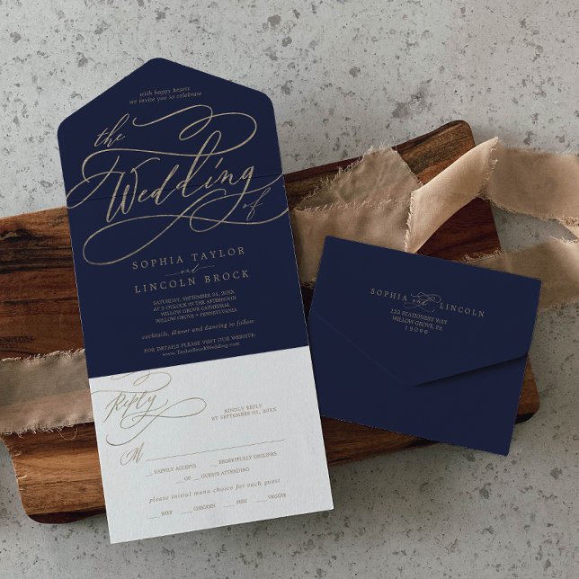 Invitation Tout En Un Calligraphie d'or romantique | Marine Le Mariage D (Créateur téléchargé)