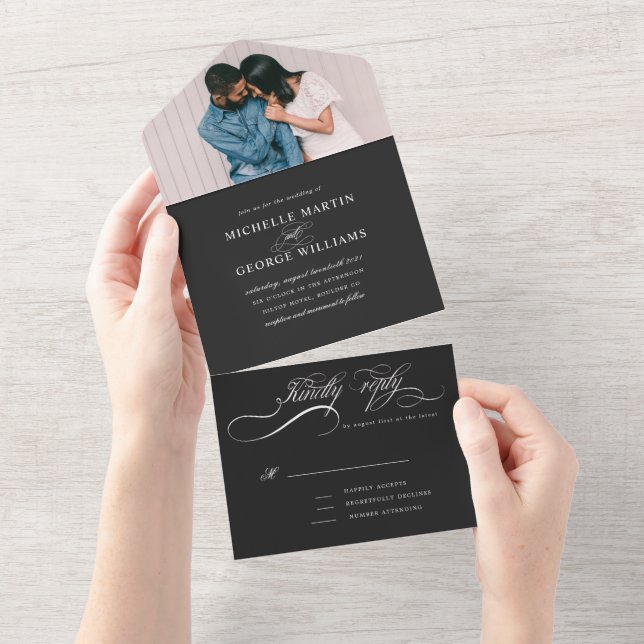 Invitation Tout En Un calligraphie élégante noir tout dans une invitatio (Déchirure)