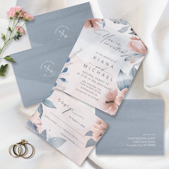 Invitation Tout En Un Calligraphie Floral Dusty Blue ID771 (Créateur téléchargé)