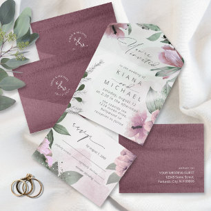Invitation Tout En Un Calligraphie Floral Mauve ID771