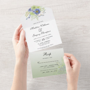 Invitation Tout En Un Calligraphie florale Vert sauge Bleu mélancolique