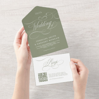 Invitation Tout En Un Calligraphie moderne intemporelle Mariage QR vert 