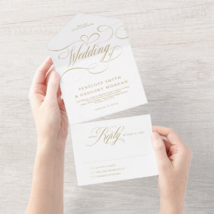 Invitation Tout En Un Calligraphie moderne or intemporel et mariage blan